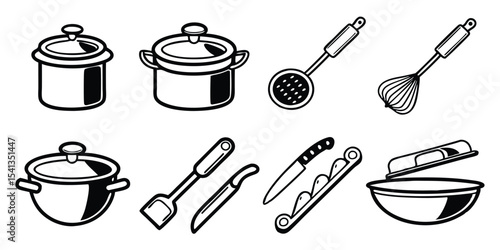 Kitchen utensils outline icon set pot skimmer whisk spatula knife cookware