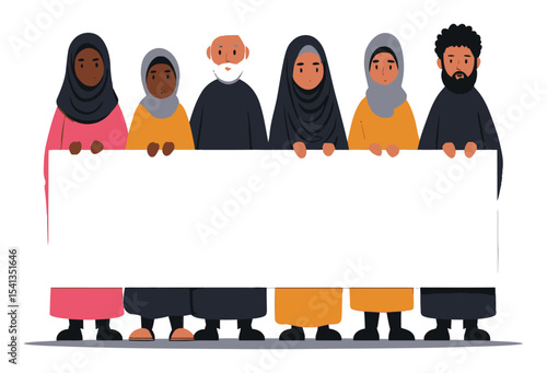 Diverse Group Holding Blank Banner in Vector Cartoon Style Illustration