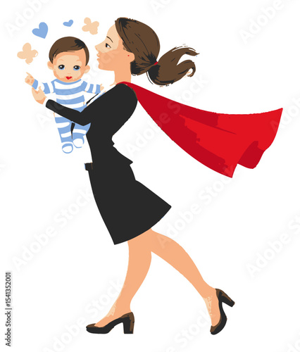 Superhero Mom Holding Baby in Cartoon Style Vector Illustration