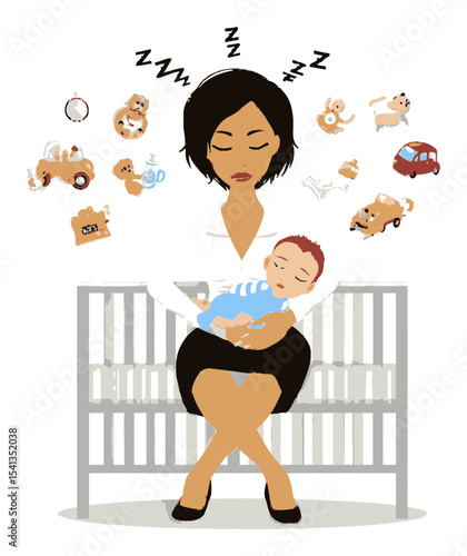 Tired Mother Holding Sleeping Baby in Cartoon Style with Busy Mind