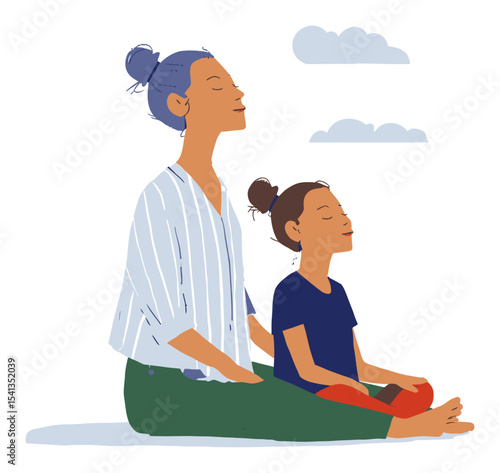 Serene Moment of Meditation Between Mother and Child in Vector Cartoon Style