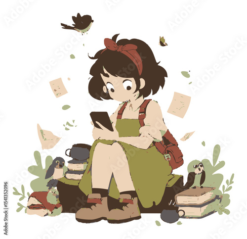Girl Sitting with Birds and Books, Cartoon Style Vector Illustration