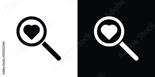 Search heart icon in flat black solid vector set