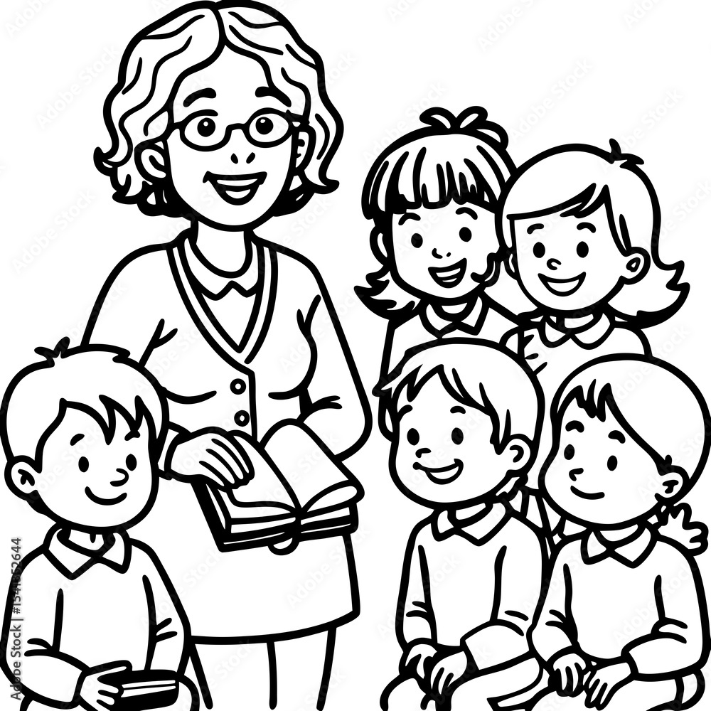 Teacher with group of happy students reading book Teacher with group of happy students reading book