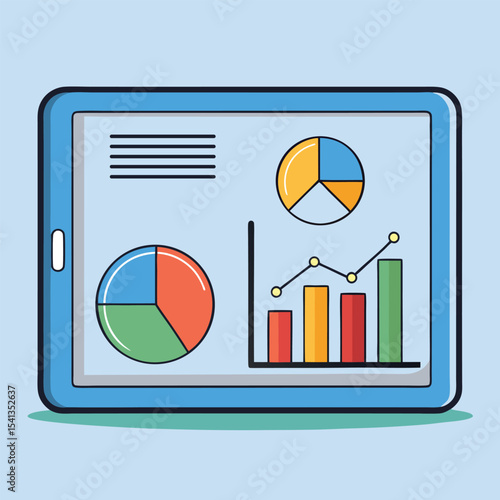 Tablet displaying business data analysis and statistical information with colorful charts