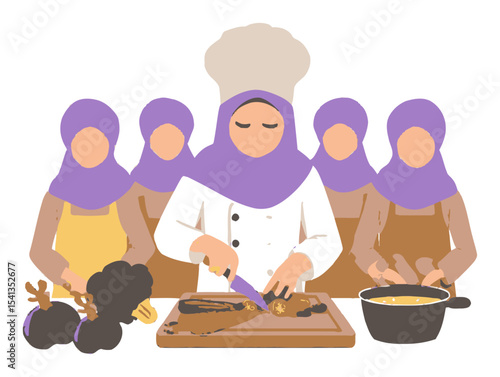 Cartoon Chef Preparing Dish with Supportive Women in Colorful Headscarves