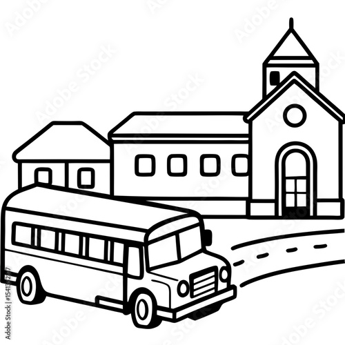 School bus arriving at elementary school and church