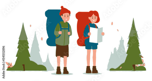 Happy Hikers Exploring Nature with Map and Backpacks in a Vector Illustration