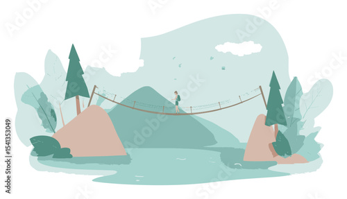 Tranquil Scene with Person on Suspension Bridge Over Calm Water and Mountains