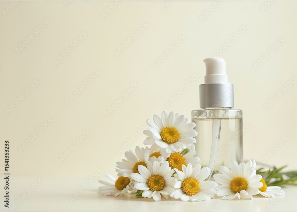 Essential oil in a glass bottle with fresh chamomile flowers. spa concept. chamomile flowers oil on a table Essential oil in a glass bottle with fresh chamomile flowers. spa concept. chamomile flowers oil on a table