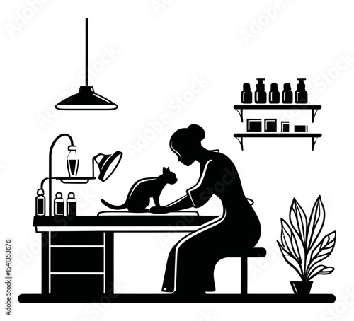 Woman Draws Abstract Art Collaborating with a Cat at a Creative Workspace