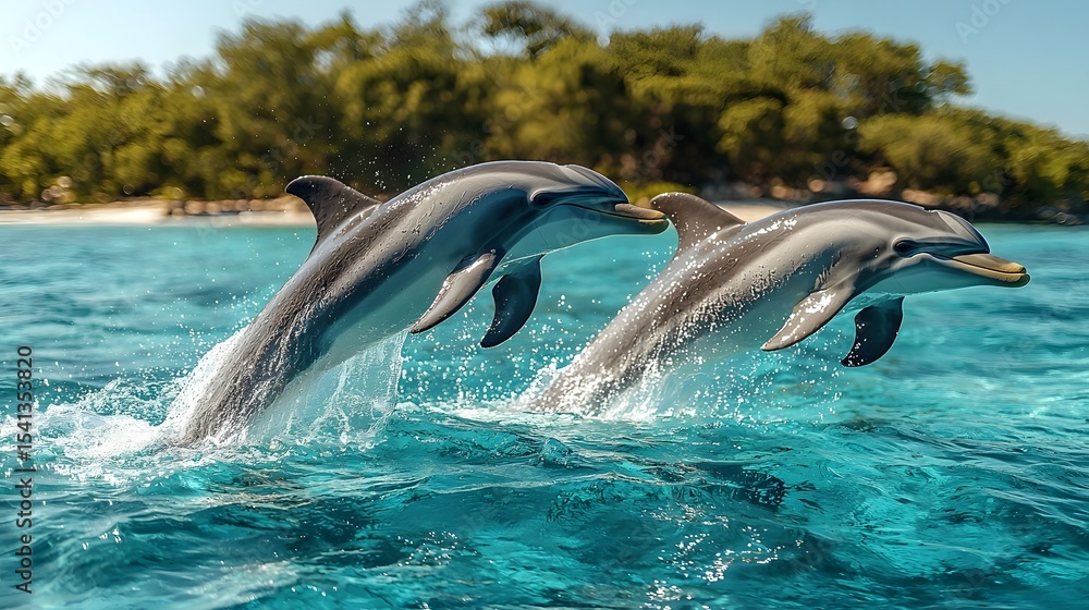 Fototapeta premium Playful dolphins jumping in the turquoise waters of a tropical island