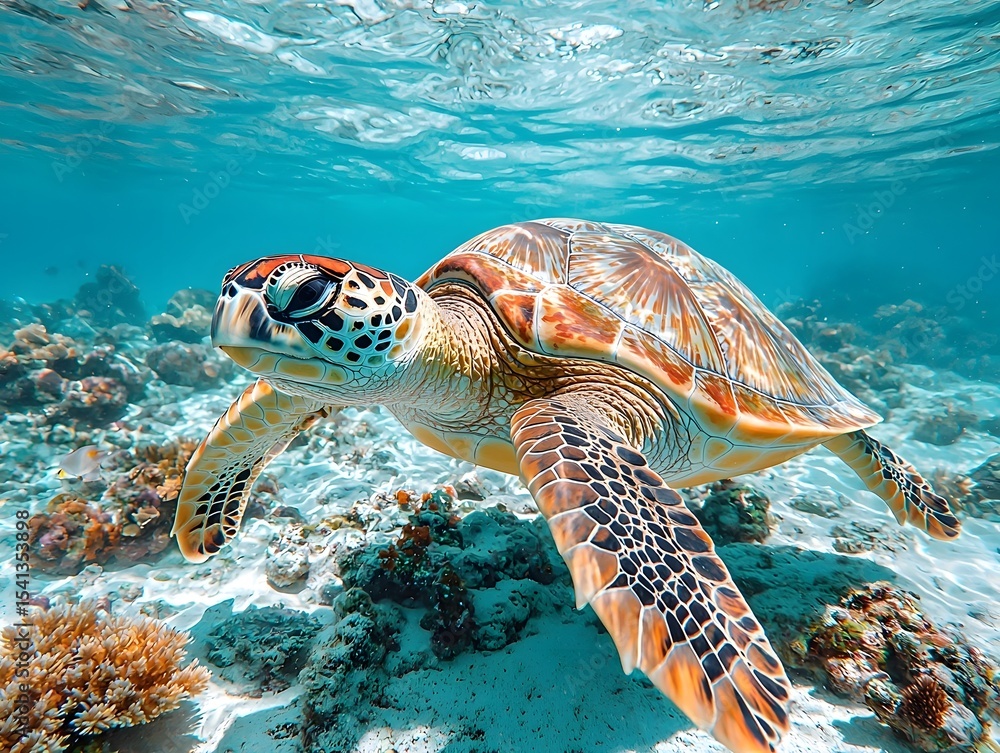Obraz premium Graceful sea turtle swimming through vibrant coral reef