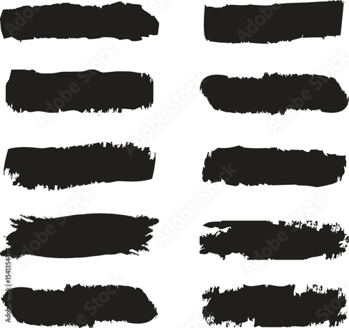Ink brushstroke and paintbrush template with splashes grunge. Vector set black ink brush stroke. Dirty artistic design elements. Grunge splatter, dirt stain, brush with drops blots. 