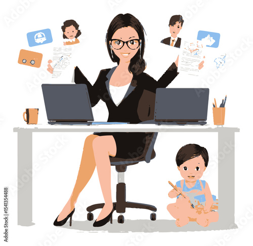 Professional Woman Balancing Work and Family in Cartoon Style Vector Art
