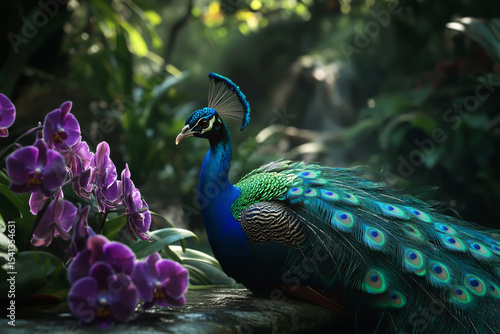 Wallpaper Mural Vibrant Peacock Head Close-Up – Blue Feathers, Purple Orchid, and Blurred Nature Background Torontodigital.ca