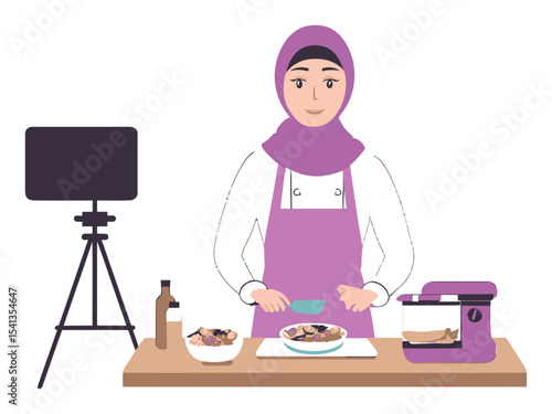 Cartoon Vector Woman Cooking with Camera and Cookware in Modern Kitchen