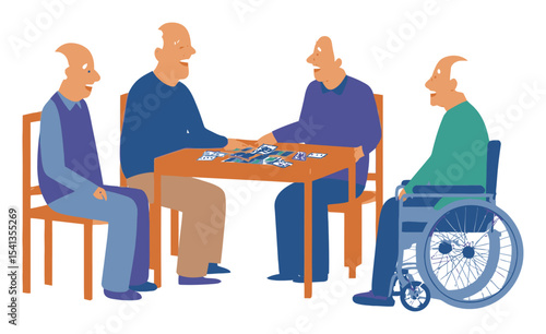 Group of Elderly Men Playing Games Around a Table in a Cartoon Style