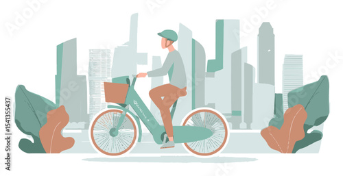 Stylish Urban Cyclist Riding Bicycle in Modern Cityscape Illustration