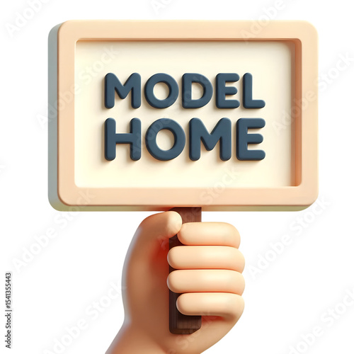 Cartoon hand holding model home sign isolated on transparent background