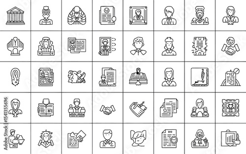 set of vector icons of people. The icons are simple, minimalist illustrations with clean lines and geometric shapes. The first row shows a building, a figure in a graduation cap, a document with a mag
