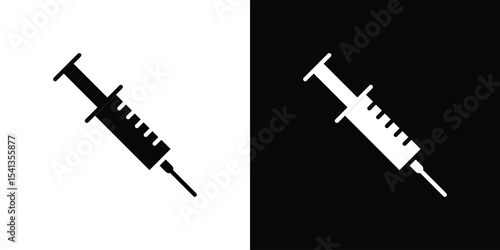 Syringe icon in flat black solid vector set