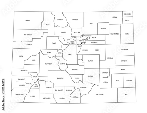 State of Colorado, subdivided into 64 counties, outline map with county names and boundaries. State in the Mountain West subregion of the United States, nicknamed The Centennial State. Isolated vector