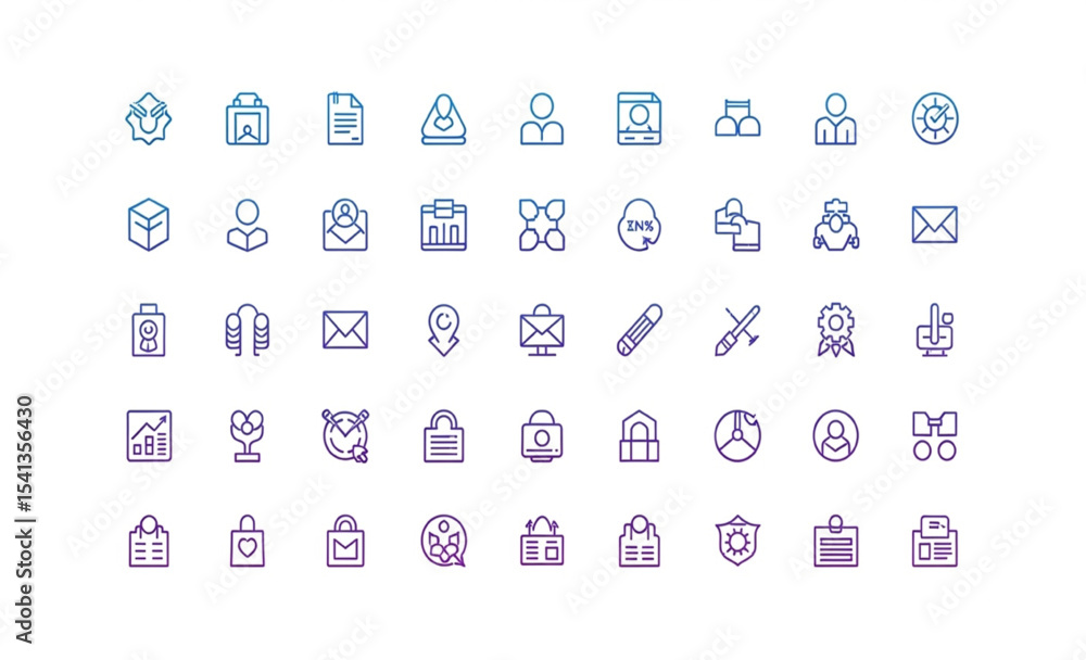 Set of outline icons with blue and purple gradient on white background Set of outline icons with blue and purple gradient on white background