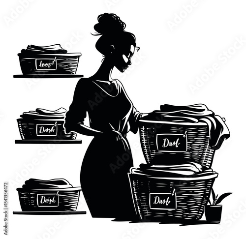 Elegant Silhouette of Woman Organizing Laundry in Stylish Baskets