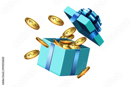 gold coins explosion gift box isolated on the white background.business,bonus,prize,discount and winner concept clip art vector illustration.