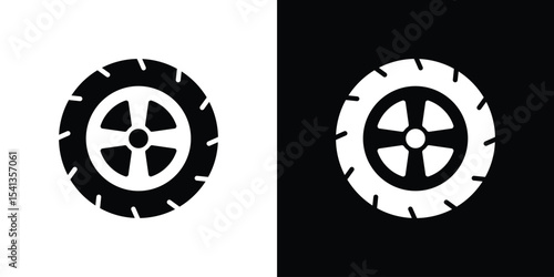 Tire icon in flat black solid vector set