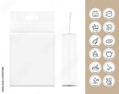 Vacuum bag with handle mockup with set icons for cat litter. Vector illustration isolated on white background. Set of sign for detailed guideline. Ready for use in presentation, advertising. EPS10.