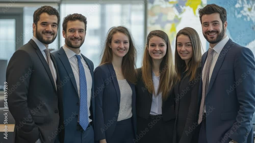 Young confident business team in professional suits smiling together in modern office with natural light and world map background, teamwork atmosphere Young confident business team in professional suits smiling together in modern office with natural light and world map background, teamwork atmosphere