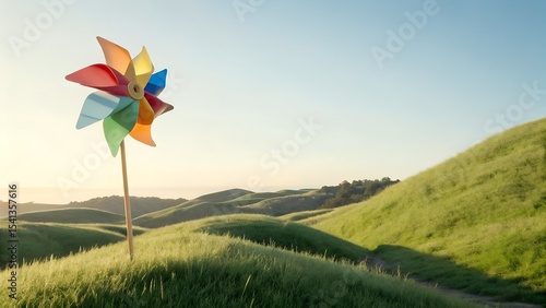 Children’s paper windmill spinning in grassy hilltop, playful and carefree, bright daylight and blue skies