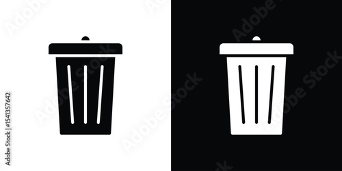 Trash icon in flat black solid vector set