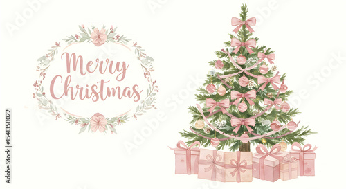 Merry Christmas Watercolor Pink Tree Festive Holiday Season Greetings