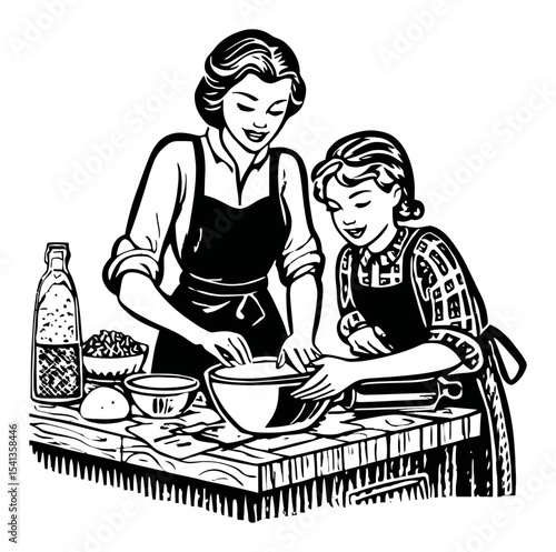 Elegant Hand Drawn Illustration of Two Women Cooking Together in Kitchen