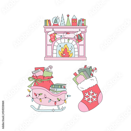 Retro Christmas Fireplace, Santa Sleigh Full of Presents, and Stocking Filled with Books vector illustration set isolated on white. Perfect for holiday cards, festive book themed designs, seasonal