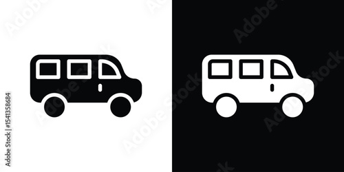 Van icon in flat black solid vector set