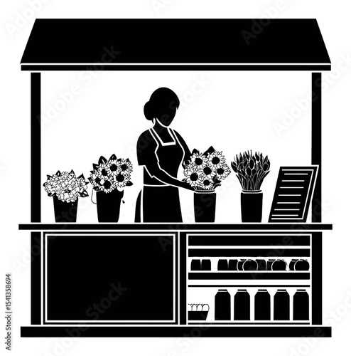 Woman at Flower Stand arranging Bouquets in Abstract Black and White Design