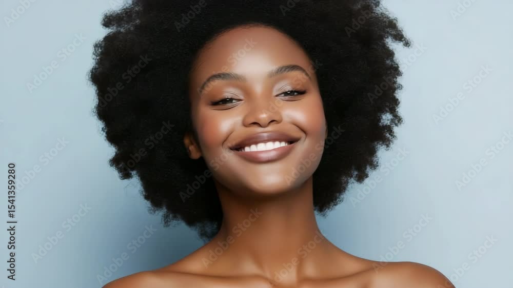A woman with a short, curly hairstyle and a natural makeup look. She is standing in front of a blue wall A woman with a short, curly hairstyle and a natural makeup look. She is standing in front of a blue wall