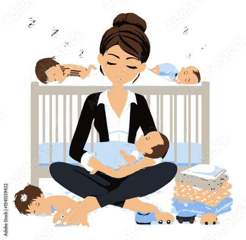 Tired Mother Caring for Multiple Babies in a Cartoon-style Illustration