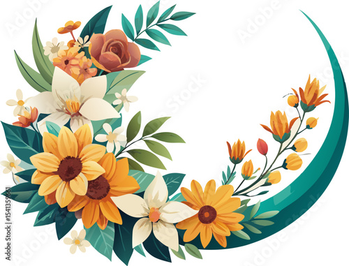 A crescent-shaped flower garland of sunflowers and orchids with teal fluffy foliage, white background