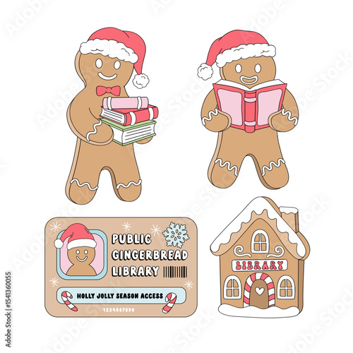 Retro Christmas Gingerbread Man Characters Reading and Carrying Books, Library Shaped Cookie, and Festive Library Card vector Illustration set isolated on white. Perfect for festive greeting cards