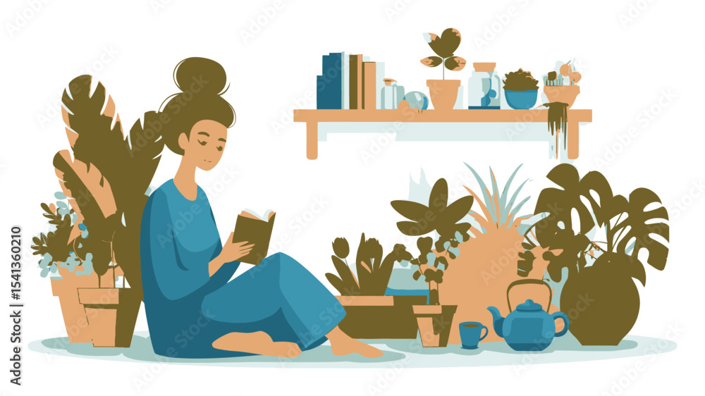 Fototapeta premium Cozy Indoor Reading Scene with Plants and a Relaxed Woman Enjoying a Book