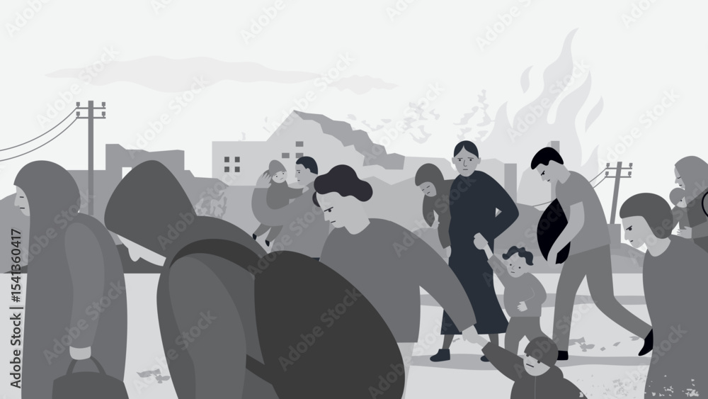 Obraz premium Black and white vector illustration on the theme of war, refugees, social problems in the world. Group of tired people walking on a road, on background ruined houses