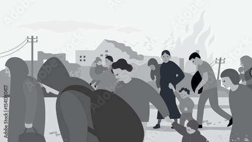 Black and white vector illustration on the theme of war, refugees, social problems in the world. Group of tired people walking on a road, on background ruined houses