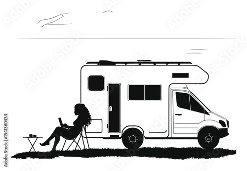 Stylish Woman Relaxing by Camper Van in Minimalist Black and White Illustration