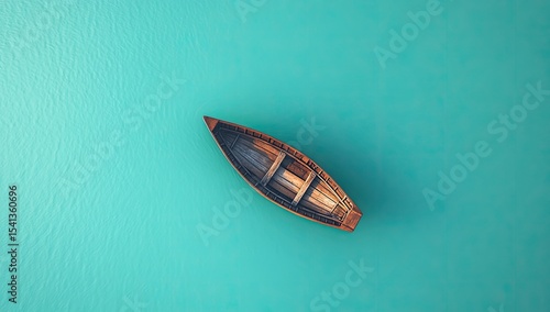 Small wooden rowboat on teal water.  High-angle, top-down view of a miniature, handcrafted rowboat, brown wood, resting on a flat, vibrant turquoise surface representing water