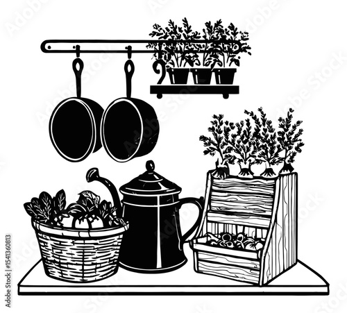 Artistic Representation of Kitchen Herbs and Utensils in Black and White Style